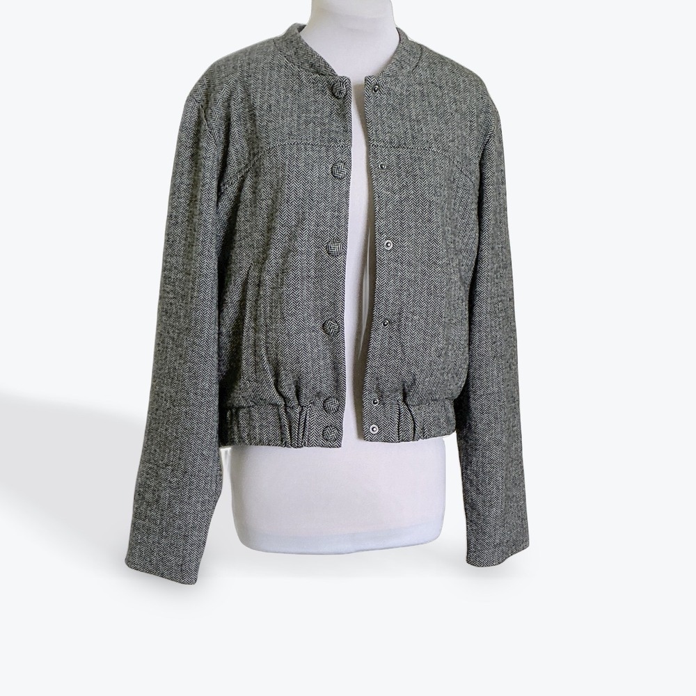 Autres Filles Herringbone Bomber Jacket Gray Black Snap Front Minimalist S/P